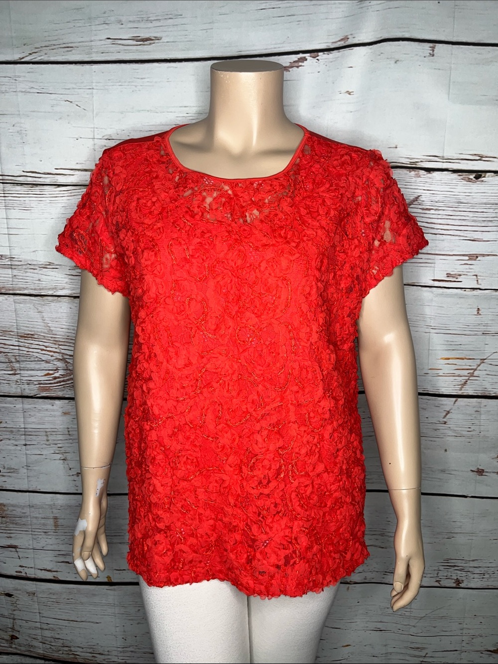 Simonton Says by George Simonton Size 2X Red - Floral Rosette Overlay Blouse Top